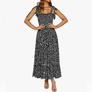 R. Vivimos Boho Smocked Black Polka Dot Ruffle Dress Sz. XL 16-18